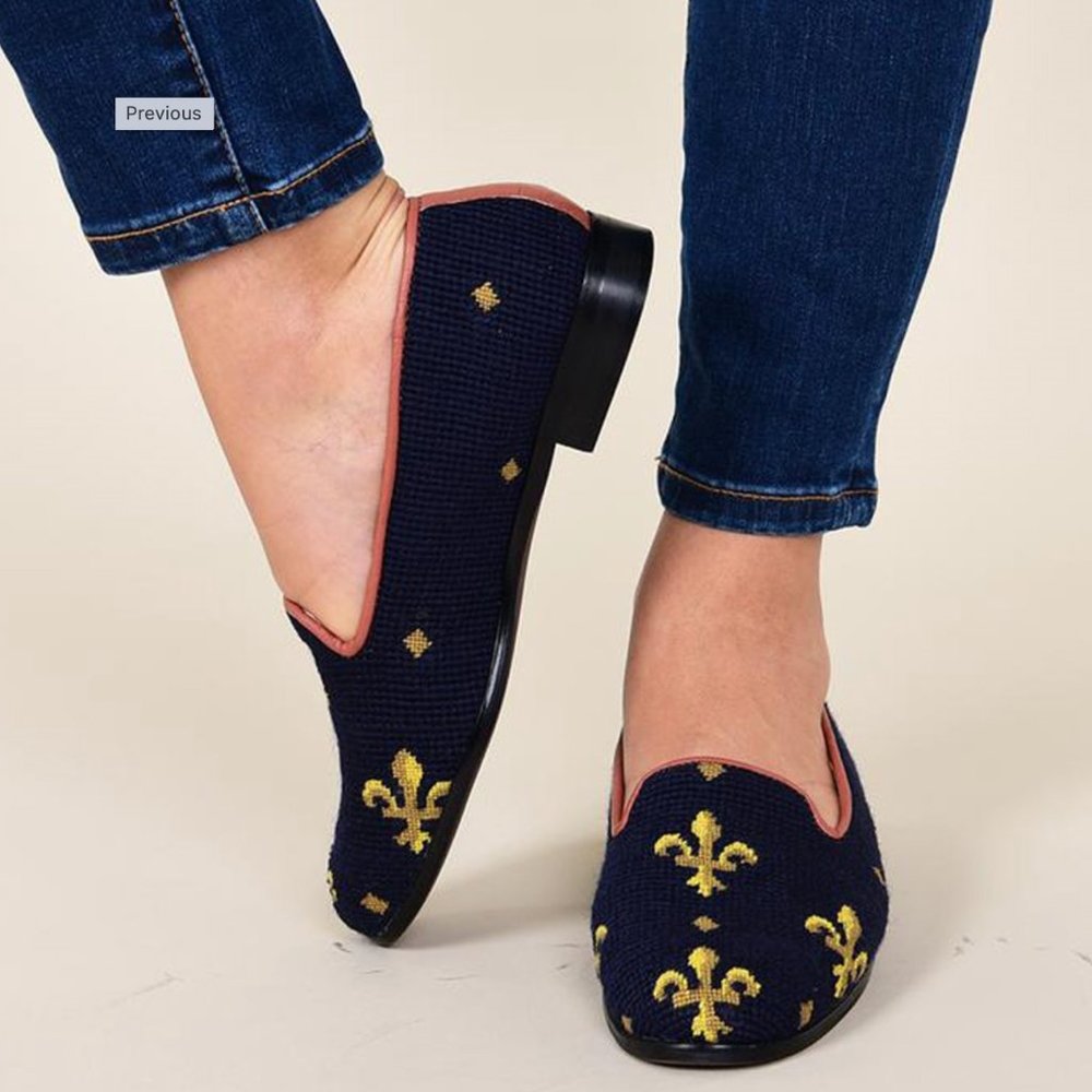 Elegant Navy and Gold Fleur-de-Lis Loafers - Picture 3 of 14